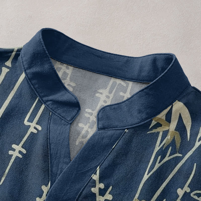 Buddha Stones Camicia da uomo a maniche corte con mezza abbottonatura, in cotone, con motivo floreale di gru e bambù. - image 2