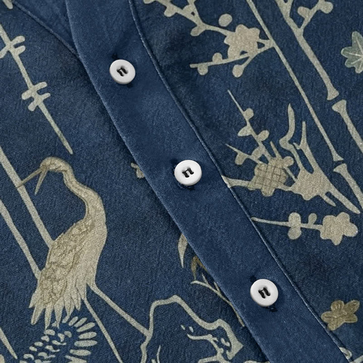 Buddha Stones Camicia da uomo a maniche corte con mezza abbottonatura, in cotone, con motivo floreale di gru e bambù. - image 3