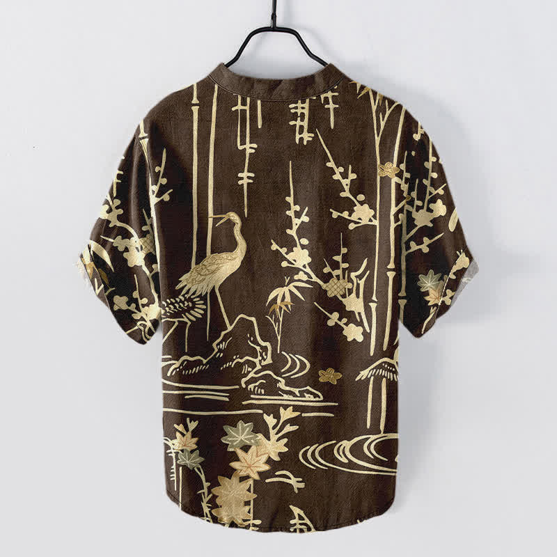 Buddha Stones Camicia da uomo a maniche corte con mezza abbottonatura, in cotone, con motivo floreale di gru e bambù. - image 6