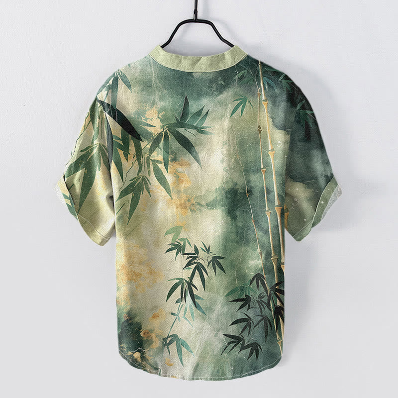 Buddha Stones Camicia da uomo a maniche corte con mezza abbottonatura, in cotone con motivo bambù. - image 1