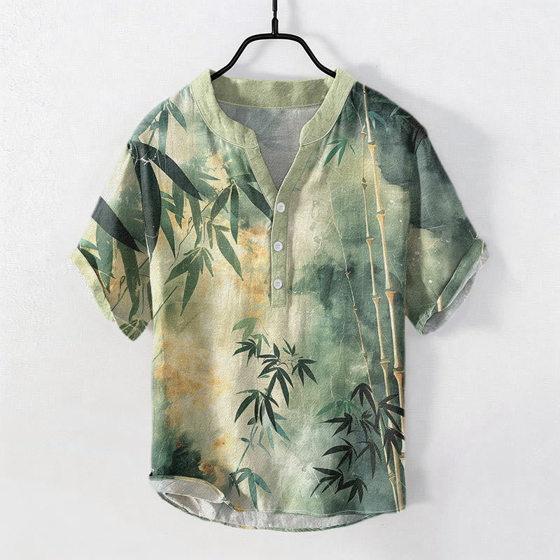 Buddha Stones Camicia da uomo a maniche corte con mezza abbottonatura, in cotone con motivo bambù. - image 0