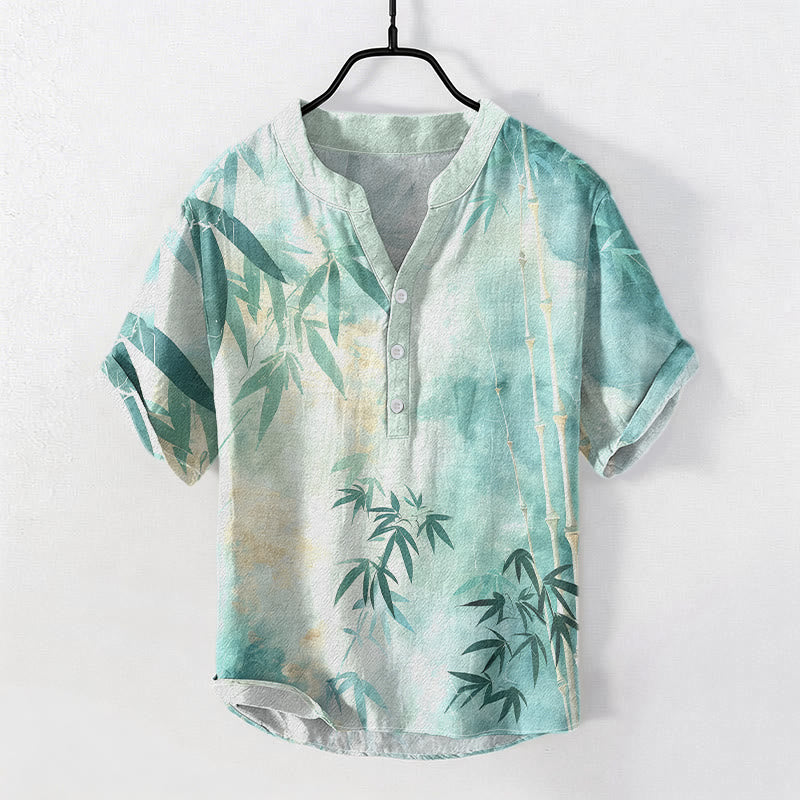 Buddha Stones Camicia da uomo a maniche corte con mezza abbottonatura, in cotone con motivo bambù. - Turchese medio - US/UK/AU50, EU60 (5XL) - image 4