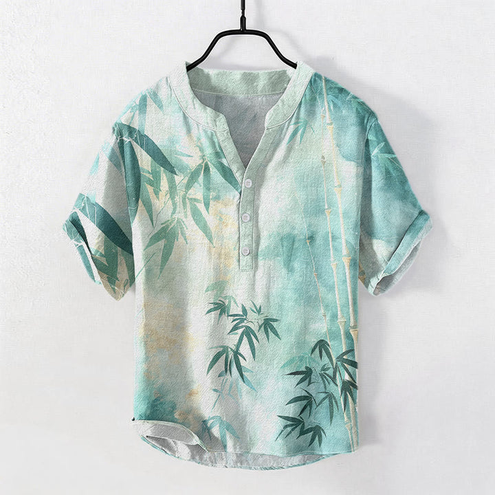 Buddha Stones Camicia da uomo a maniche corte con mezza abbottonatura, in cotone con motivo bambù. - Turchese medio - US/UK/AU50, EU60 (5XL) - image 4
