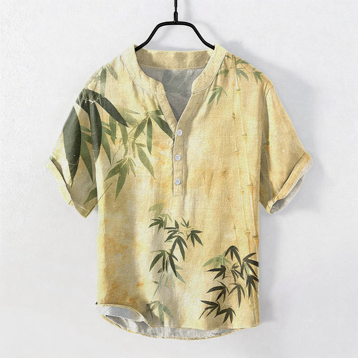 Buddha Stones Camicia da uomo a maniche corte con mezza abbottonatura, in cotone con motivo bambù. - Cachi - US/UK/AU50, EU60 (5XL) - image 6