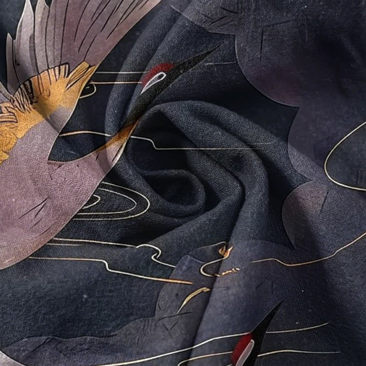 Buddha Stones Camicia da uomo a maniche corte con mezza abbottonatura, in cotone, con motivo gru e luna piena. - image 4