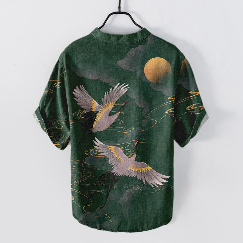 Buddha Stones Camicia da uomo a maniche corte con mezza abbottonatura, in cotone, con motivo gru e luna piena. - image 6