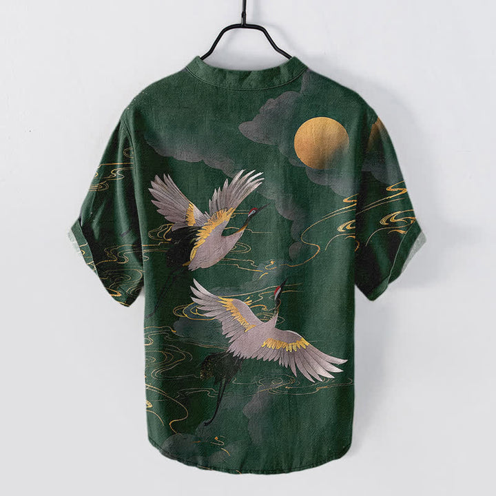 Buddha Stones Camicia da uomo a maniche corte con mezza abbottonatura, in cotone, con motivo gru e luna piena. - image 6