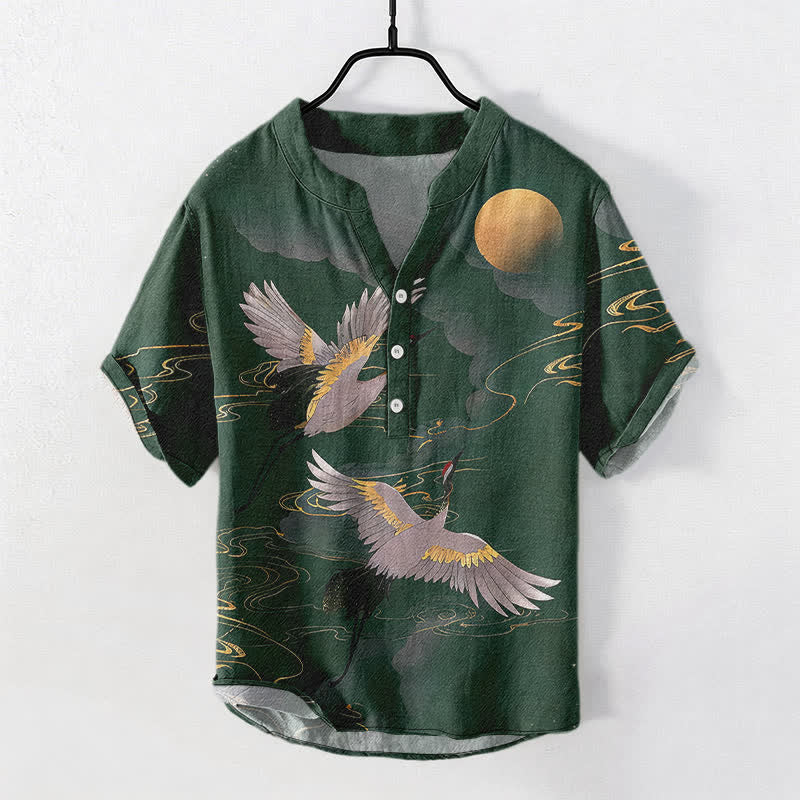 Buddha Stones Camicia da uomo a maniche corte con mezza abbottonatura, in cotone, con motivo gru e luna piena. - Verde mare - US/UK/AU50, EU60 (5XL) - image 5