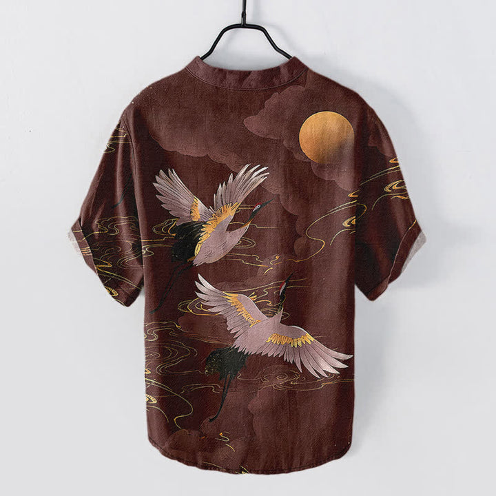 Buddha Stones Camicia da uomo a maniche corte con mezza abbottonatura, in cotone, con motivo gru e luna piena. - image 8