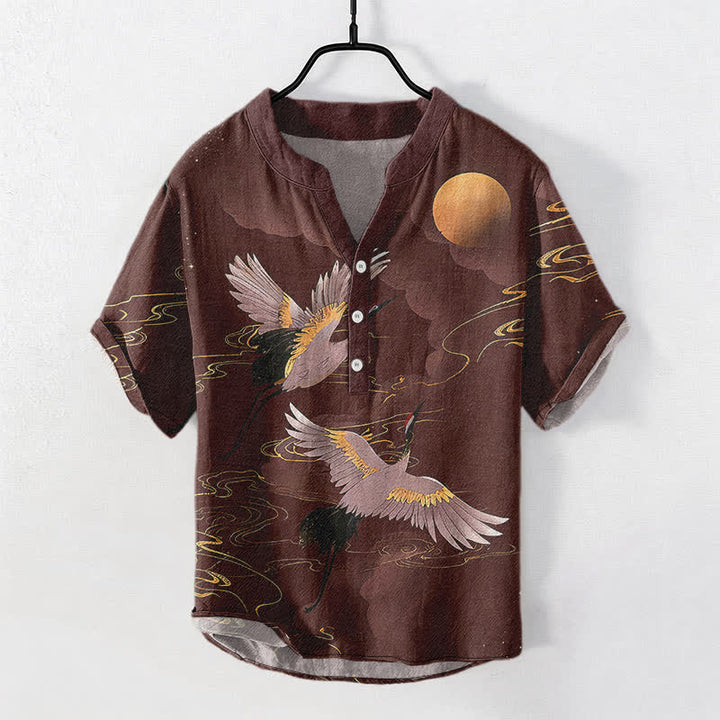 Buddha Stones Camicia da uomo a maniche corte con mezza abbottonatura, in cotone, con motivo gru e luna piena. - Marrone - US/UK/AU50, EU60 (5XL) - image 7