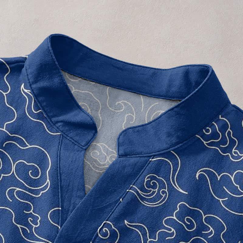 Buddha Stones Camicia da uomo a maniche corte con mezza abbottonatura e fantasia a nuvole in cotone. - image 2