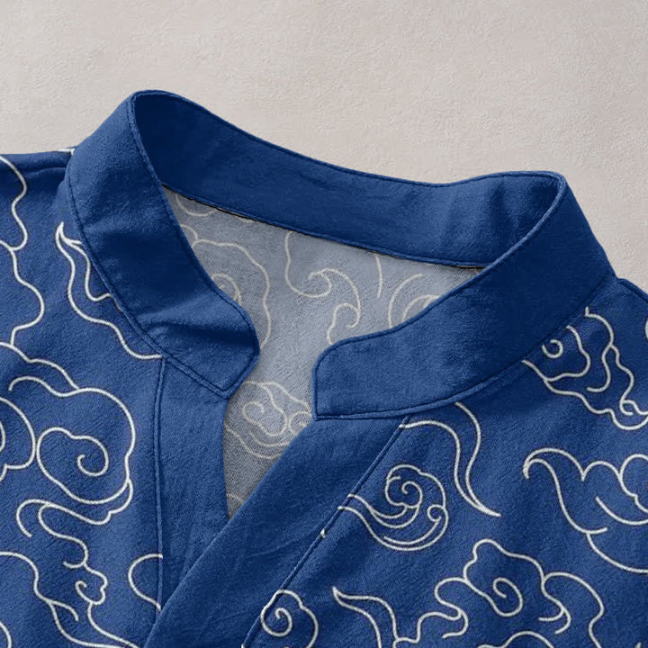 Buddha Stones Camicia da uomo a maniche corte con mezza abbottonatura e fantasia a nuvole in cotone. - image 2