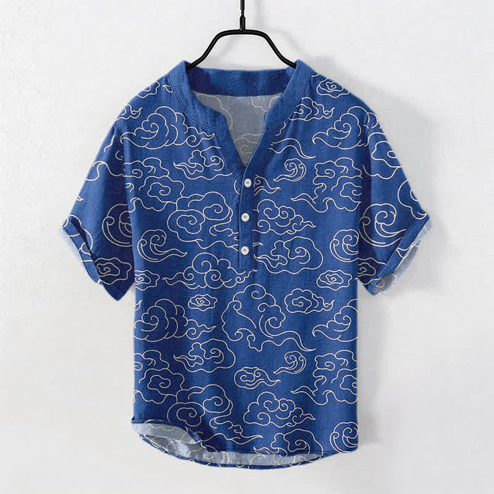 Buddha Stones Camicia da uomo a maniche corte con mezza abbottonatura e fantasia a nuvole in cotone. - Blu reale - US/UK/AU50, EU60 (5XL) - image 0