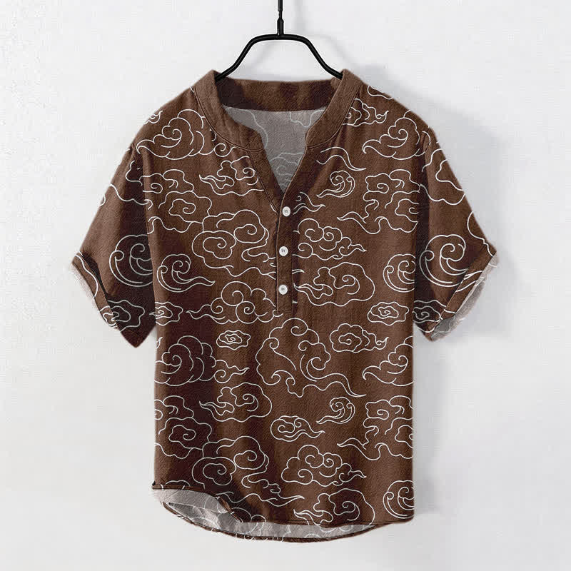 Buddha Stones Camicia da uomo a maniche corte con mezza abbottonatura e fantasia a nuvole in cotone. - Marrone sella - US/UK/AU50, EU60 (5XL) - image 7