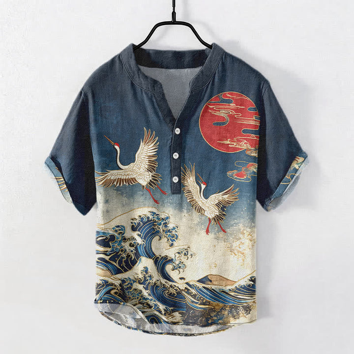 Buddha Stones Camicia da uomo a maniche corte con mezza abbottonatura, in cotone, con motivo a onde e sole e gru. - image 0