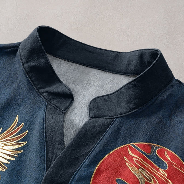 Buddha Stones Camicia da uomo a maniche corte con mezza abbottonatura, in cotone, con motivo a onde e sole e gru. - image 2