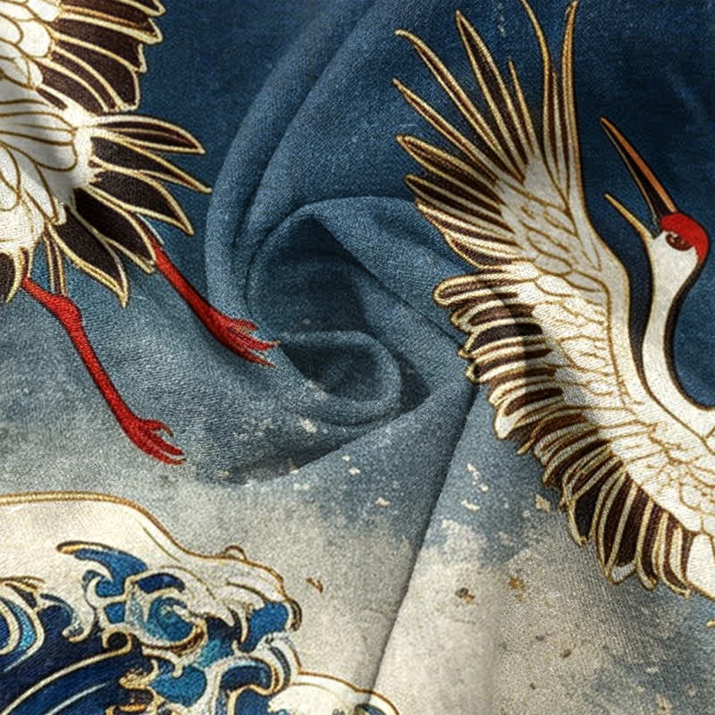 Buddha Stones Camicia da uomo a maniche corte con mezza abbottonatura, in cotone, con motivo a onde e sole e gru. - image 4