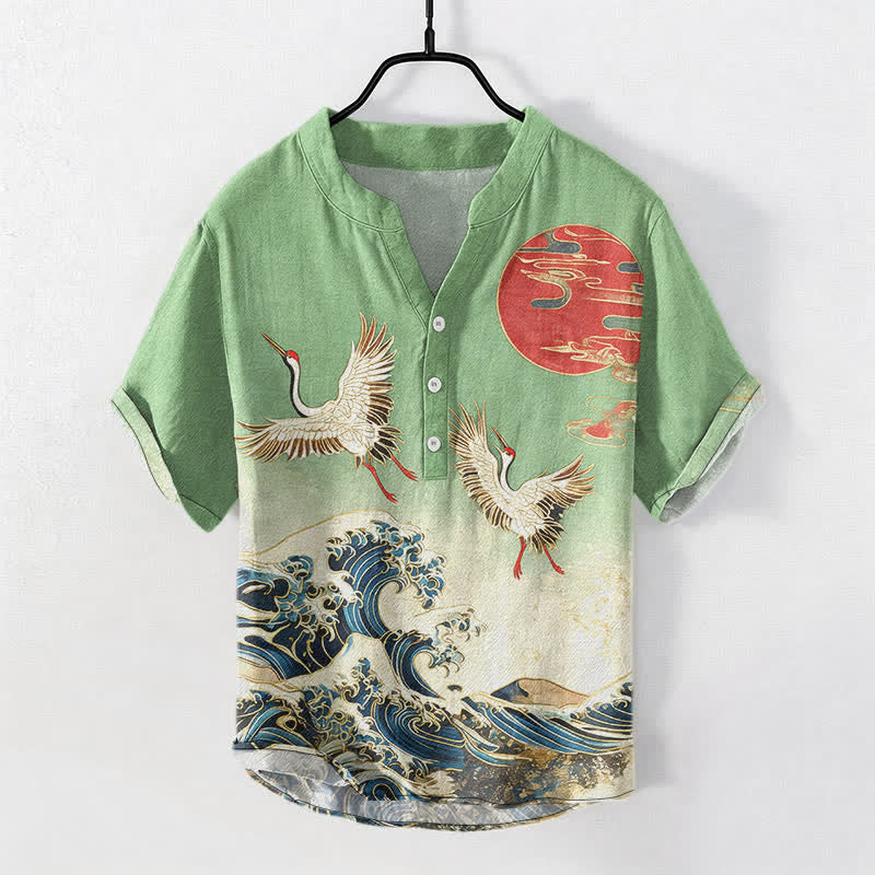 Buddha Stones Camicia da uomo a maniche corte con mezza abbottonatura, in cotone, con motivo a onde e sole e gru. - image 5