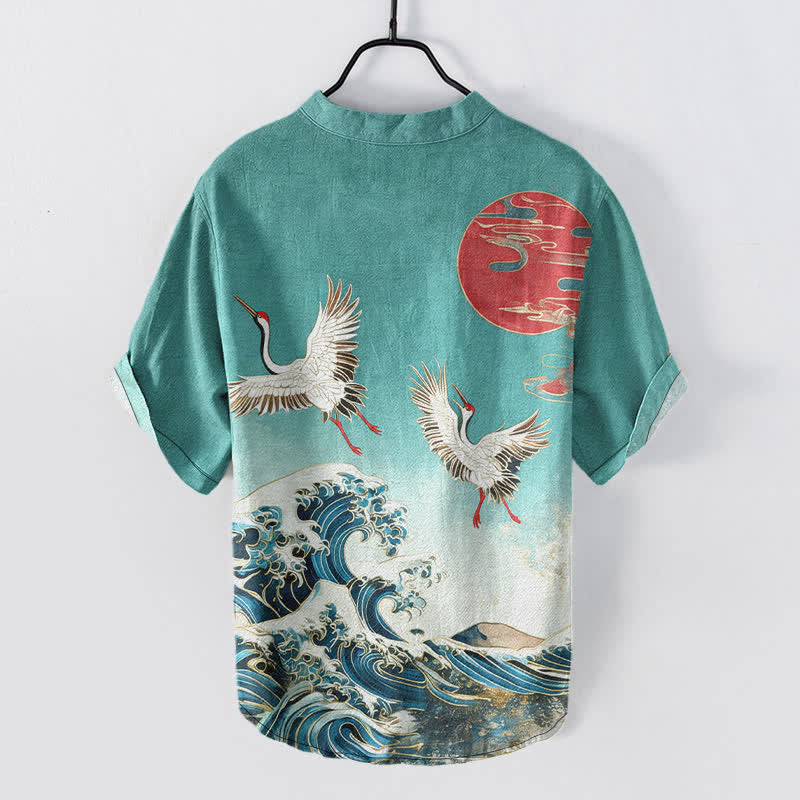 Buddha Stones Camicia da uomo a maniche corte con mezza abbottonatura, in cotone, con motivo a onde e sole e gru. - image 8