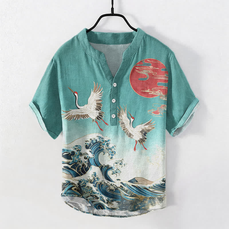 Buddha Stones Camicia da uomo a maniche corte con mezza abbottonatura, in cotone, con motivo a onde e sole e gru. - Cadetto Blu - US/UK/AU50, EU60 (5XL) - image 7