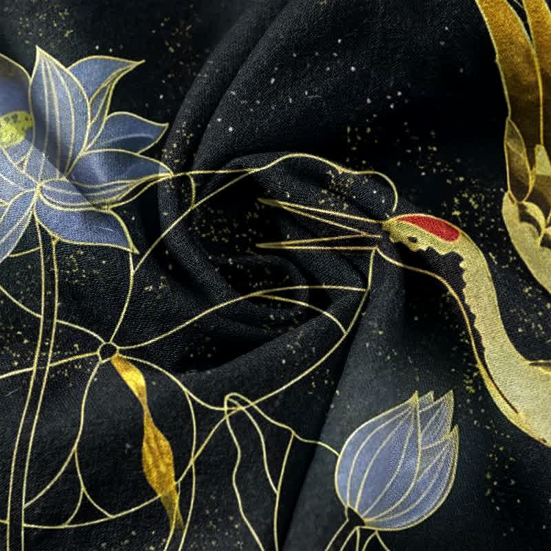 Buddha Stones Camicia da uomo a maniche corte con mezza abbottonatura, in cotone, con motivo a gru, onde, loto e nuvole. - image 4