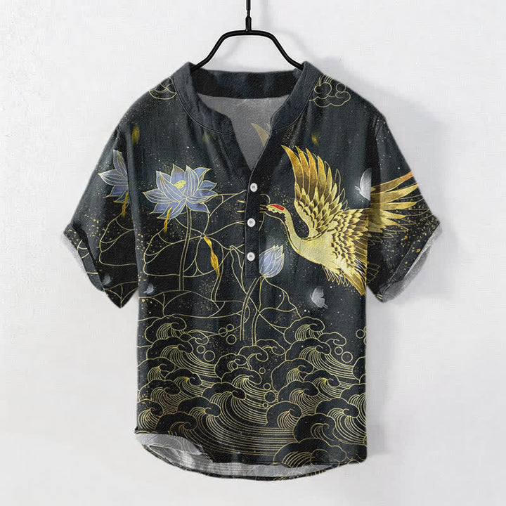 Buddha Stones Camicia da uomo a maniche corte con mezza abbottonatura, in cotone, con motivo a gru, onde, loto e nuvole. - Nero - US/UK/AU50, EU60 (5XL) - image 0