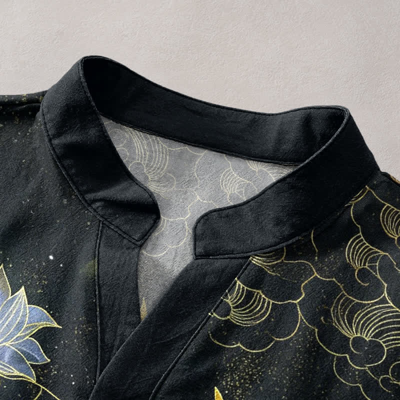 Buddha Stones Camicia da uomo a maniche corte con mezza abbottonatura, in cotone, con motivo a gru, onde, loto e nuvole. - image 2