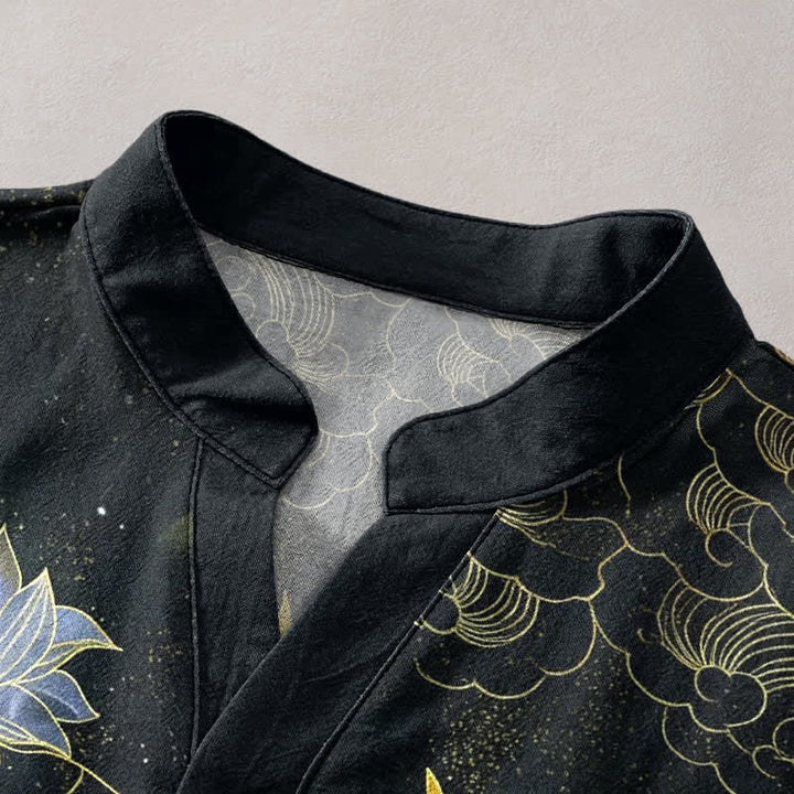 Buddha Stones Camicia da uomo a maniche corte con mezza abbottonatura, in cotone, con motivo a gru, onde, loto e nuvole. - image 2