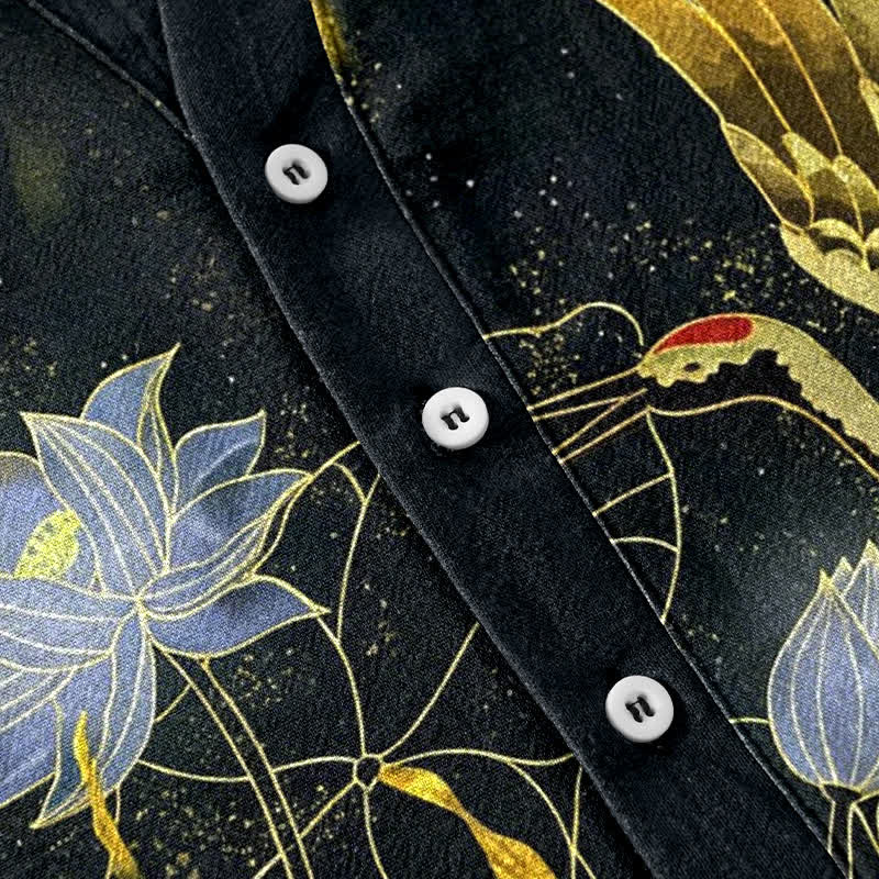 Buddha Stones Camicia da uomo a maniche corte con mezza abbottonatura, in cotone, con motivo a gru, onde, loto e nuvole. - image 3