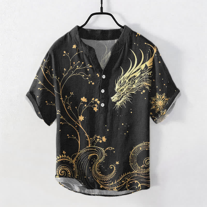 Buddha Stones Camicia da uomo a maniche corte con mezza abbottonatura, in cotone, con motivo a onde, draghi e fiori. - Nero - US/UK/AU50, EU60 (5XL) - image 0