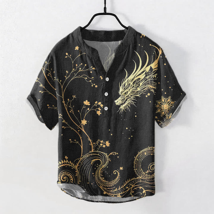 Buddha Stones Camicia da uomo a maniche corte con mezza abbottonatura, in cotone, con motivo a onde, draghi e fiori. - Nero - US/UK/AU50, EU60 (5XL) - image 0