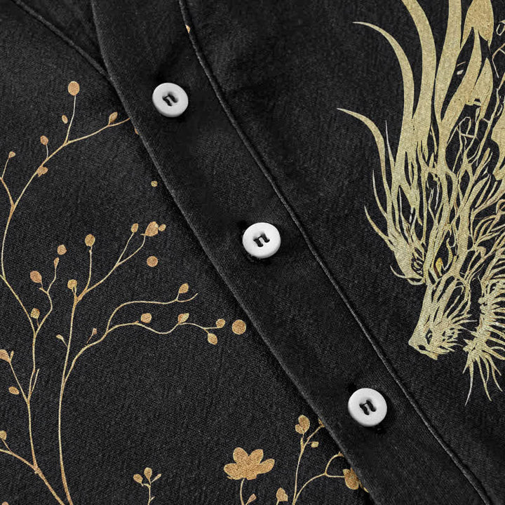 Buddha Stones Camicia da uomo a maniche corte con mezza abbottonatura, in cotone, con motivo a onde, draghi e fiori. - image 3