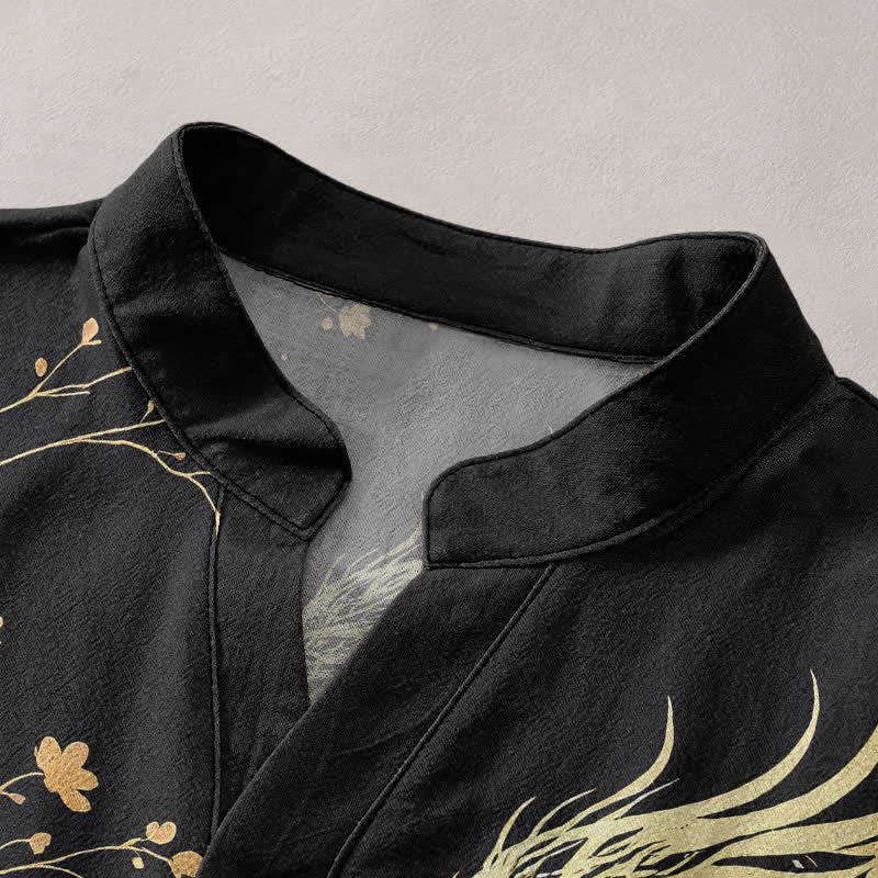 Buddha Stones Camicia da uomo a maniche corte con mezza abbottonatura, in cotone, con motivo a onde, draghi e fiori. - image 2