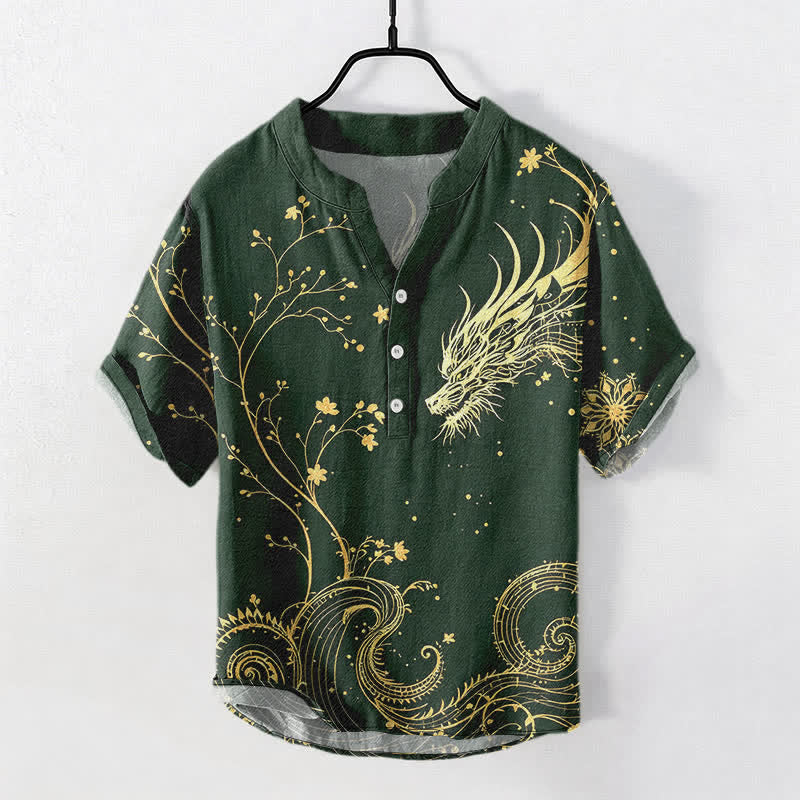 Buddha Stones Camicia da uomo a maniche corte con mezza abbottonatura, in cotone, con motivo a onde, draghi e fiori. - Verde mare - US/UK/AU50, EU60 (5XL) - image 5
