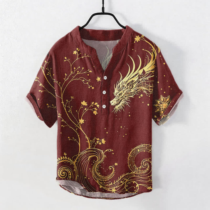 Buddha Stones Camicia da uomo a maniche corte con mezza abbottonatura, in cotone, con motivo a onde, draghi e fiori. - FireBrick - US/UK/AU50, EU60 (5XL) - image 7