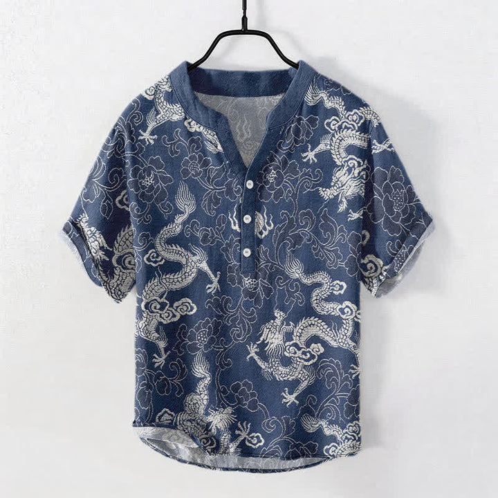 Buddha Stones Camicia da uomo a maniche corte con mezzo bottone e motivo drago e loto in cotone. - image 0