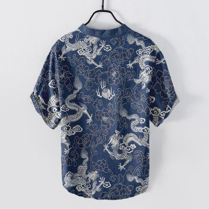 Buddha Stones Camicia da uomo a maniche corte con mezzo bottone e motivo drago e loto in cotone. - image 1