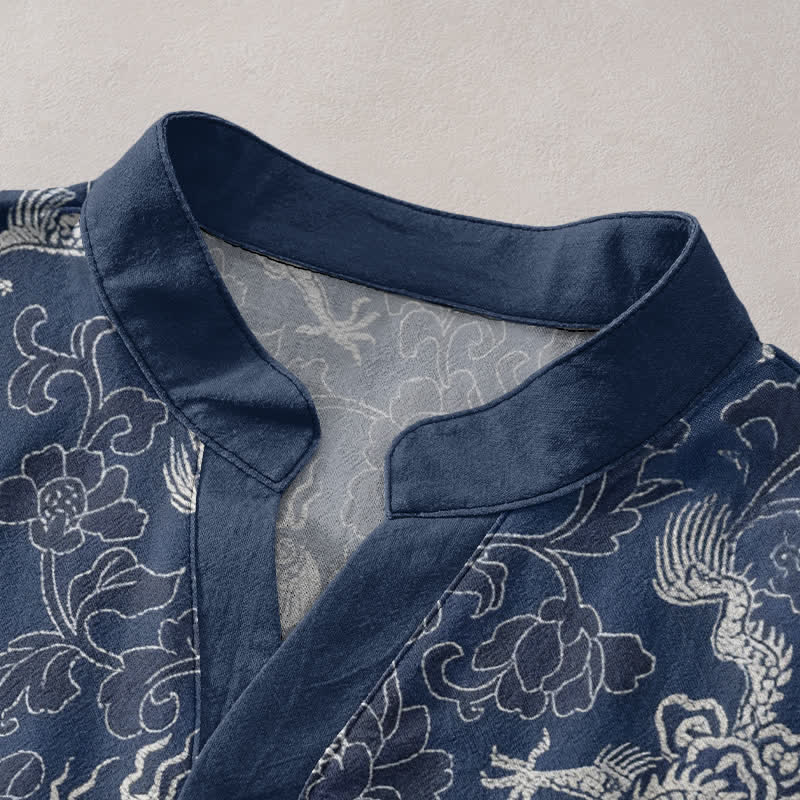 Buddha Stones Camicia da uomo a maniche corte con mezzo bottone e motivo drago e loto in cotone. - image 2