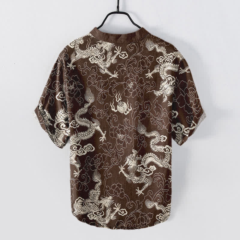 Buddha Stones Camicia da uomo a maniche corte con mezzo bottone e motivo drago e loto in cotone. - image 6