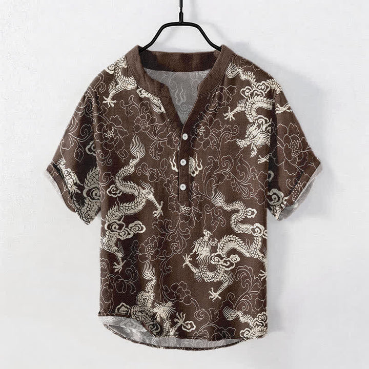 Buddha Stones Camicia da uomo a maniche corte con mezzo bottone e motivo drago e loto in cotone. - Marrone sella - US/UK/AU50, EU60 (5XL) - image 5