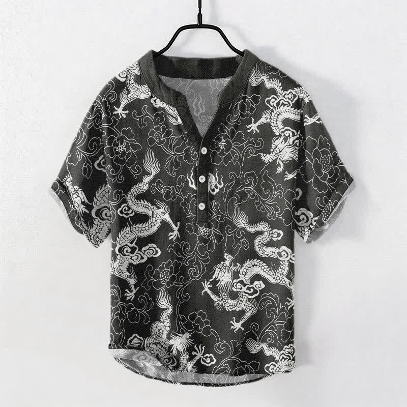 Buddha Stones Camicia da uomo a maniche corte con mezzo bottone e motivo drago e loto in cotone. - Nero - US/UK/AU50, EU60 (5XL) - image 7
