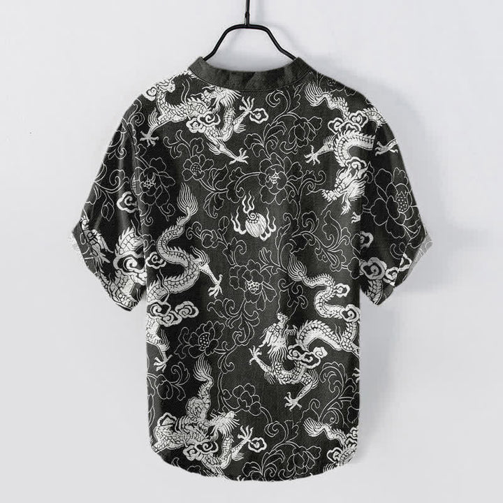 Buddha Stones Camicia da uomo a maniche corte con mezzo bottone e motivo drago e loto in cotone. - image 8