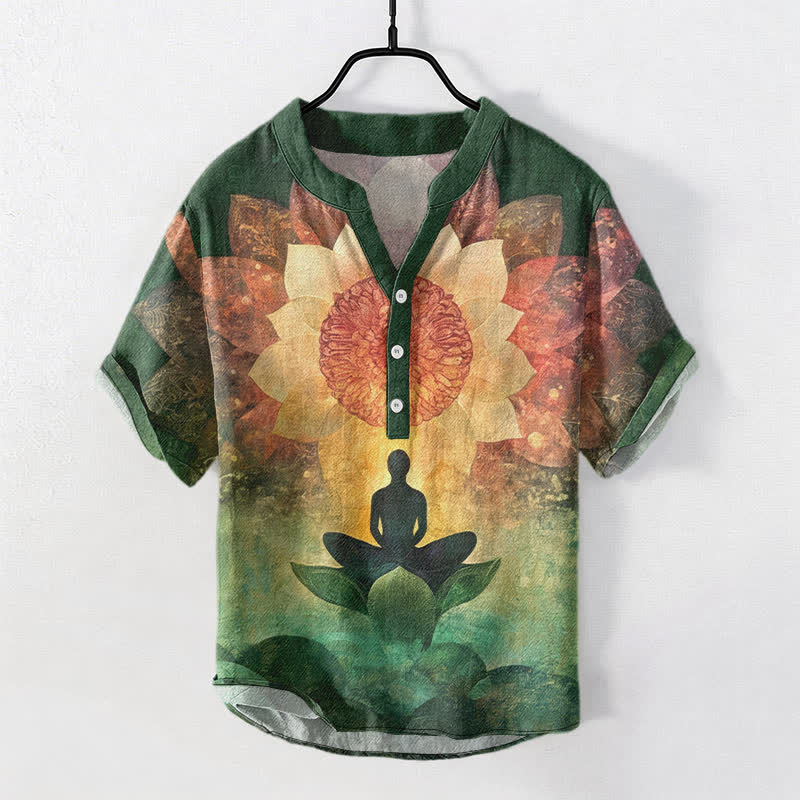Buddha Stones Camicia da uomo a maniche corte con mezzo bottone, in cotone, con motivo a loto in meditazione. - Verde mare - US/UK/AU50, EU60 (5XL) - image 0
