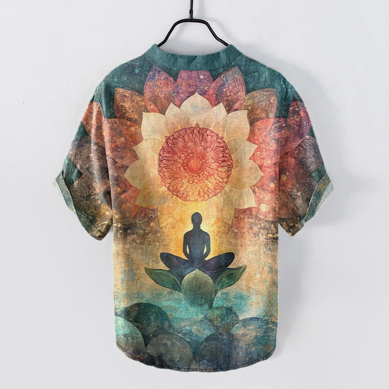 Buddha Stones Camicia da uomo a maniche corte con mezzo bottone, in cotone, con motivo a loto in meditazione. - image 8