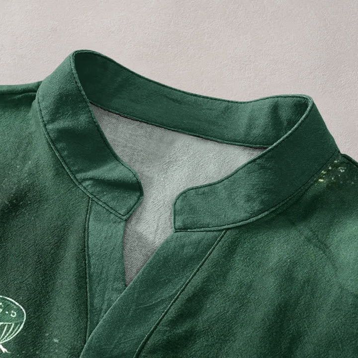 Buddha Stones Camicia da uomo a maniche corte con mezza abbottonatura e motivo a loto in cotone. - image 2