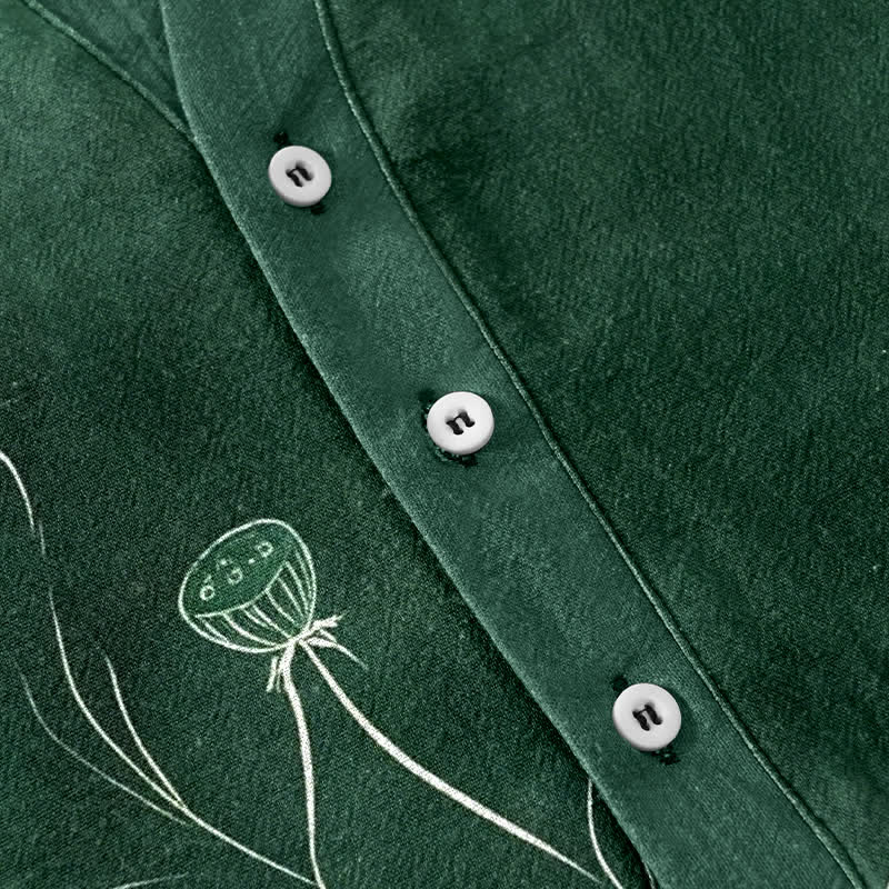 Buddha Stones Camicia da uomo a maniche corte con mezza abbottonatura e motivo a loto in cotone. - image 3