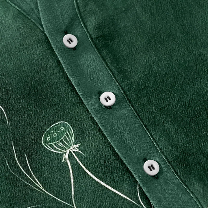 Buddha Stones Camicia da uomo a maniche corte con mezza abbottonatura e motivo a loto in cotone. - image 3