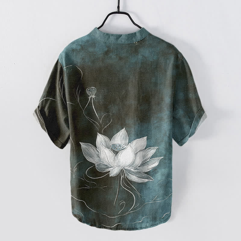 Buddha Stones Camicia da uomo a maniche corte con mezza abbottonatura e motivo a loto in cotone. - image 6