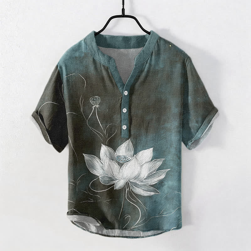 Buddha Stones Camicia da uomo a maniche corte con mezza abbottonatura e motivo a loto in cotone. - Verde Mare Chiaro - US/UK/AU50, EU60 (5XL) - image 5