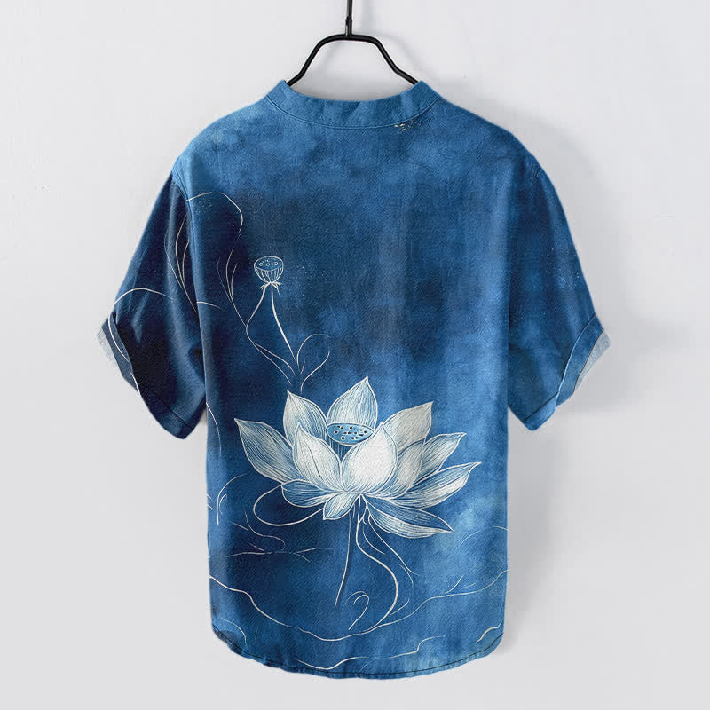 Buddha Stones Camicia da uomo a maniche corte con mezza abbottonatura e motivo a loto in cotone. - image 8